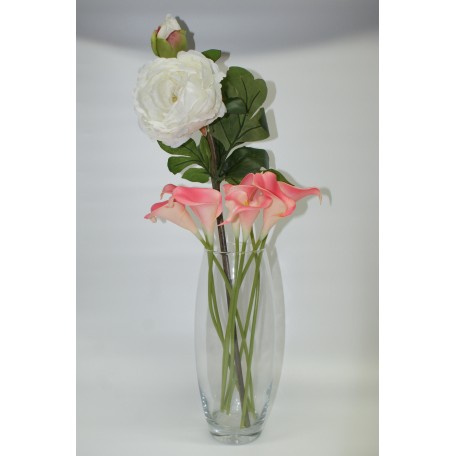 Tall Glass Vase with Pink Lillies and Ivory Peony Stem
